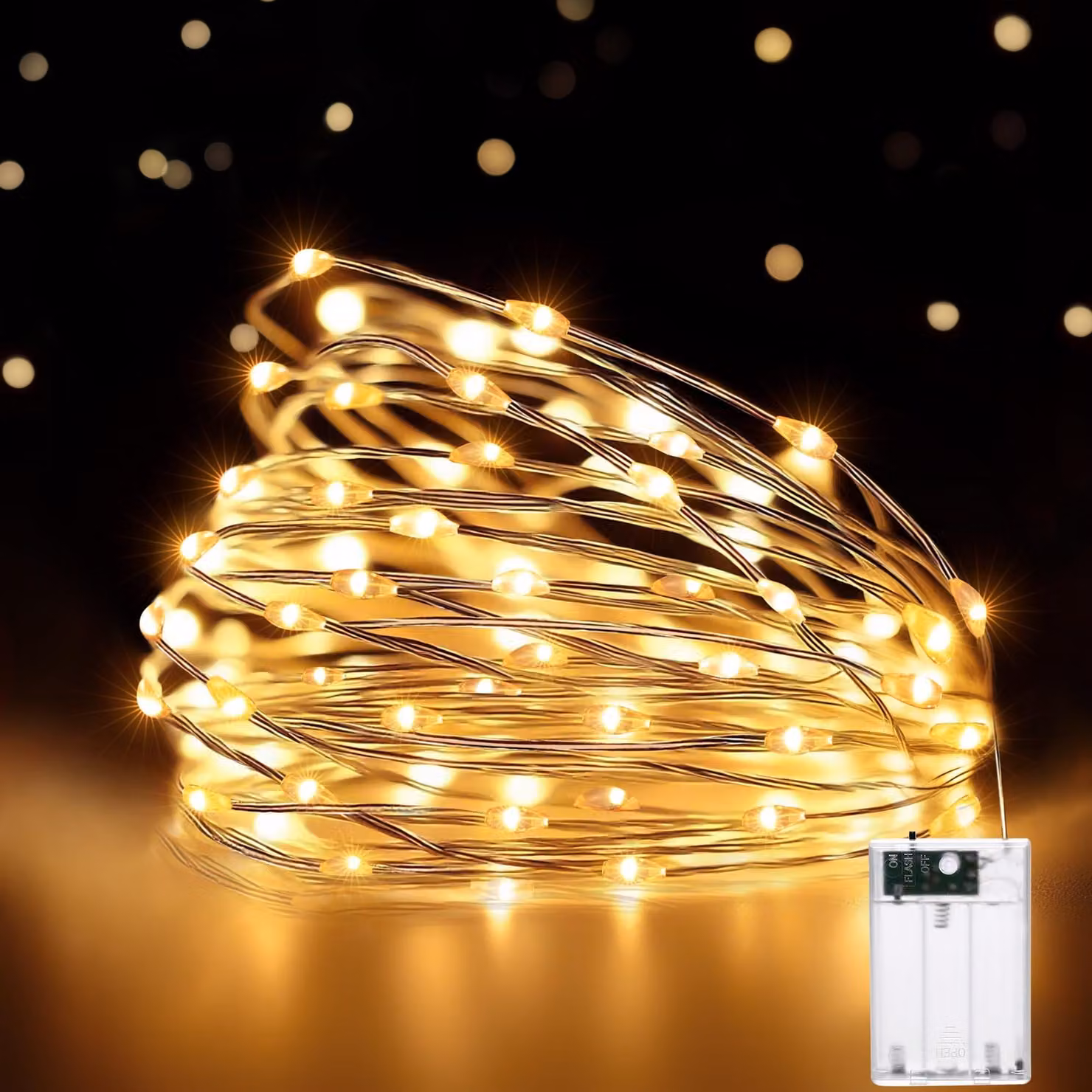 Catena luminosa da 5 metri con 50 LED a luce calda, alimentata a batteria, filo di rame, grado di protezione IP44