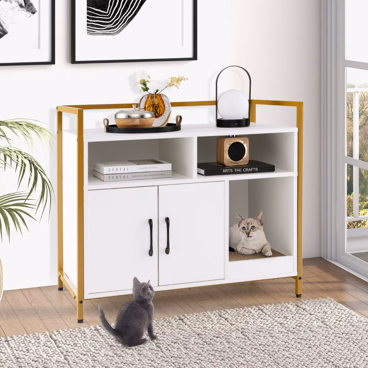 Costway Contenitore per lettiera per gatti con doppie porte e graffiabile in sisal sostituibile, Bianco