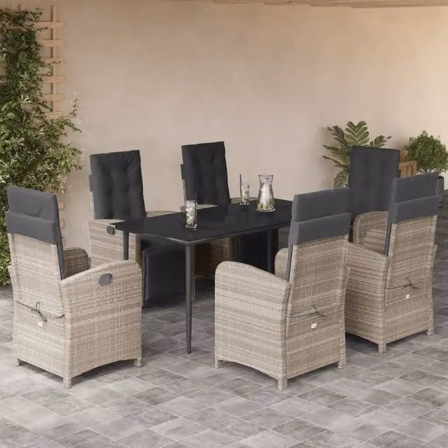 Set da pranzo da giardino VIDAXL in polyrattan con piano in vetro, 7 pezzi, grigio e nero