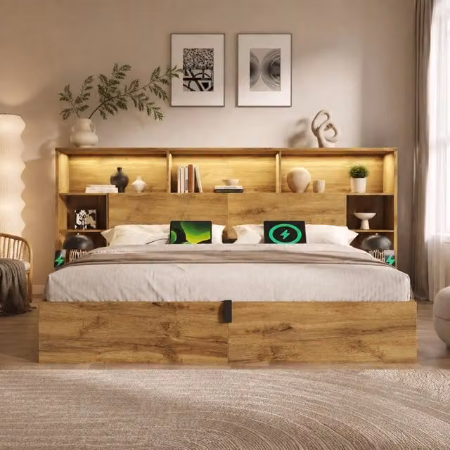 Letto contenitore 180x200 cm effetto rovere con comodini, LED e USB-C