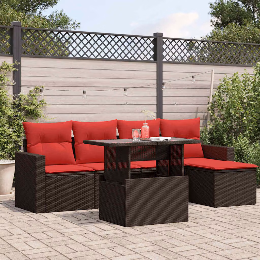 Set di divani da giardino vidaXL in polyrattan marrone con 6 pezzi e cuscini