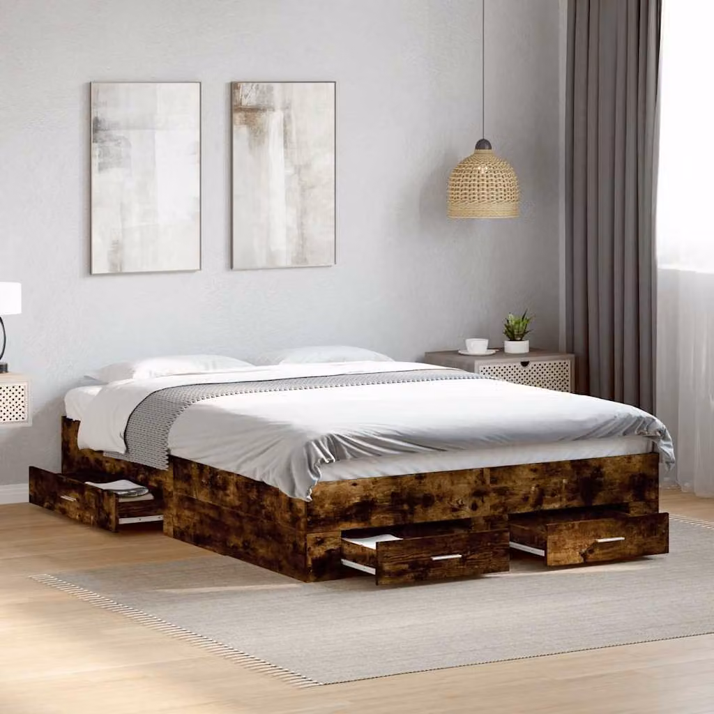 vidaXL Giroletto con Cassetti in Legno Rovere Fumo, L/P/H: 200 x 120 x 32 cm – 1