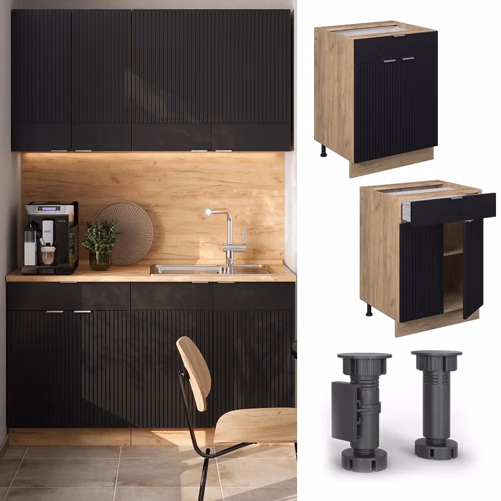 Mobiletto base per cucina Vicco Fame-Line Nero rigato e Rovere dorato con cassetto, senza piano di lavoro, Larghezza: 60 cm – 2