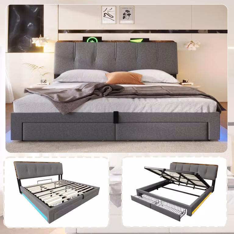 Letto imbottito 180x200 cm con spazio contenitore ad apertura idraulica, porte USB e di tipo C, illuminazione LED, testiera con ripiani e cassetti, colore grigio lino