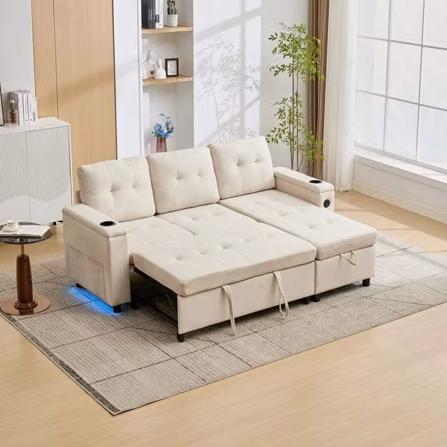 Divano letto a L tre posti 202 x 136 x 85 cm con doppio contenitore e chaise longue reversibile; ciniglia grigia