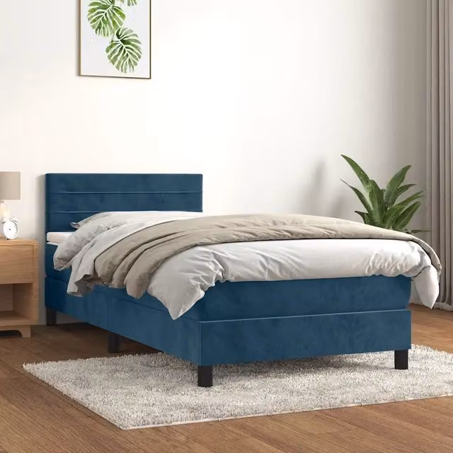 Letto con Giroletto a Molle e Materasso Ibrido vidaXL in Velluto Blu Scuro e Bianco L/P/H: 90 x 200 x 78 cm – 1