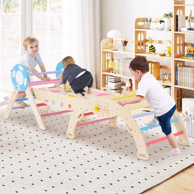Set Montessori 8 in 1 in legno multicolore con scivolo, scala ad arco e labirinto pieghevole per l'attività motoria dei bambini