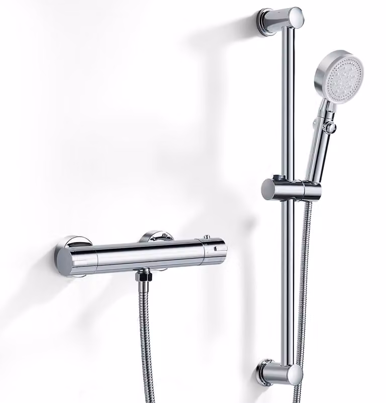 Set doccia con termostato, cromato, 5 modalità, tubo flessibile da 1,5 metri, blocco di sicurezza a 38 °C