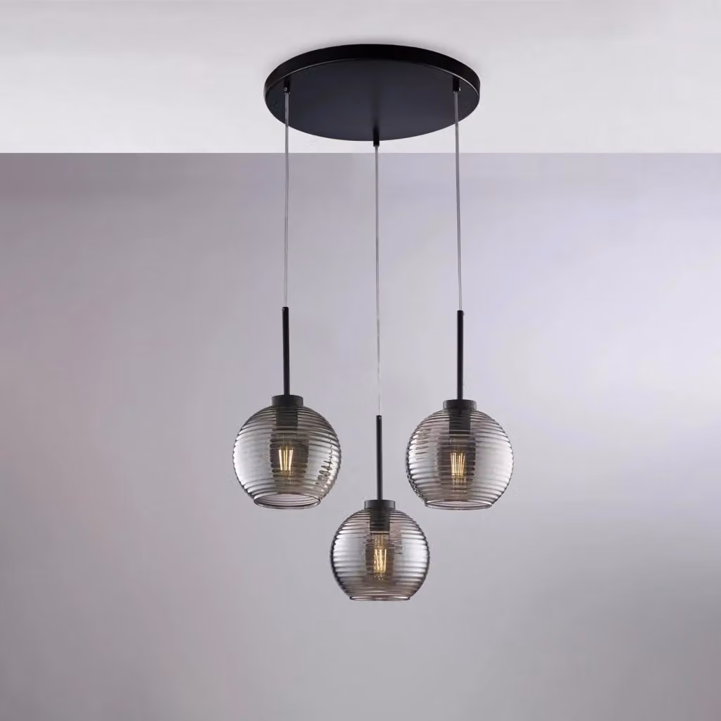 Lampada a sospensione moderna Ankara BELIGHT con 3 luci in metallo nero e vetro soffiato grigio specchiato – 2