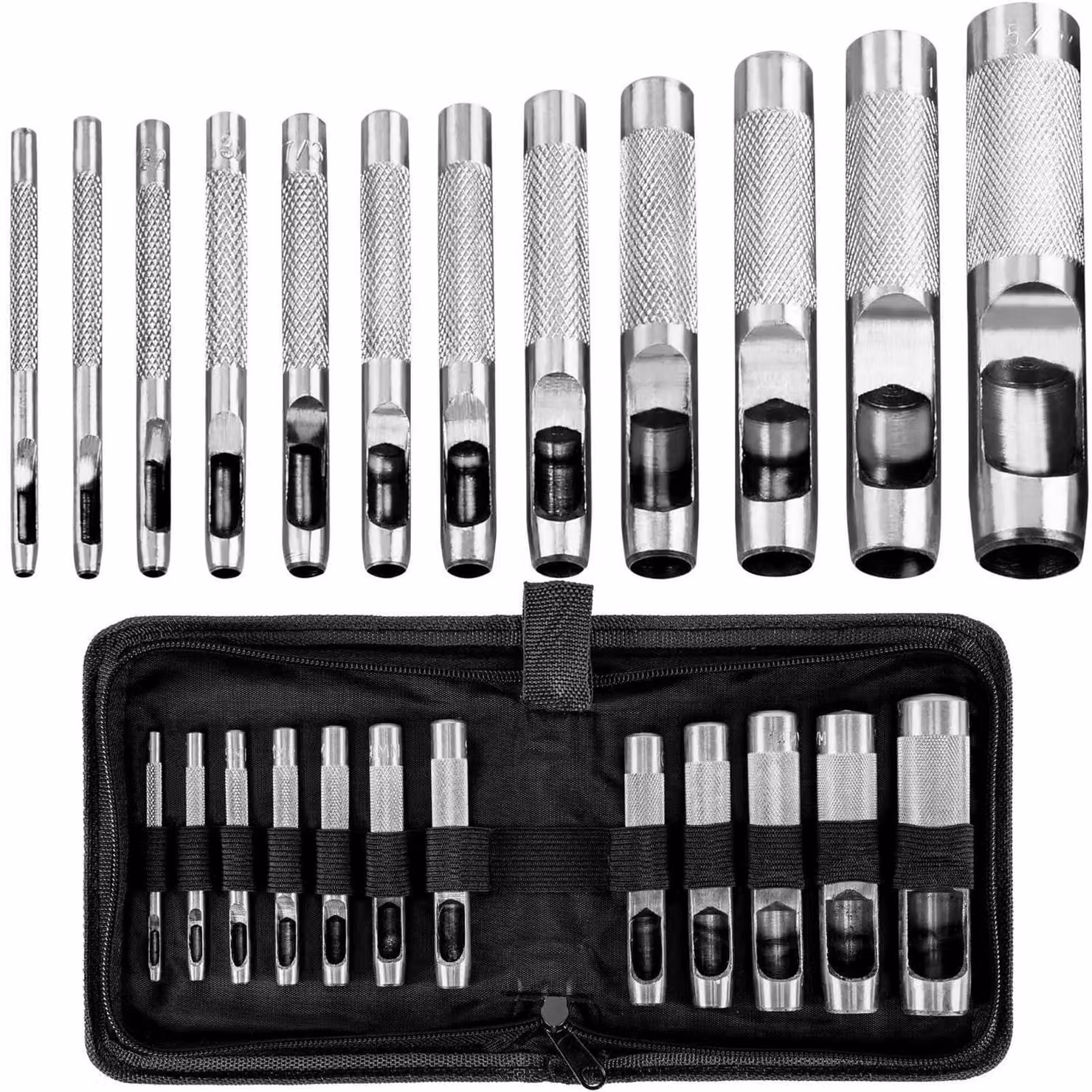 Set di punzoni Locheisen, 12 pezzi, in acciaio, da 3 a 19 mm, per cuoio, cinturini di orologi, cinture, tessuti, fornito in custodia