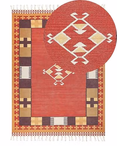 Beliani Tappeto Kilim in cotone tessuto a mano reversibile con motivo geometrico e nappe multicolore 140 x 200 cm
