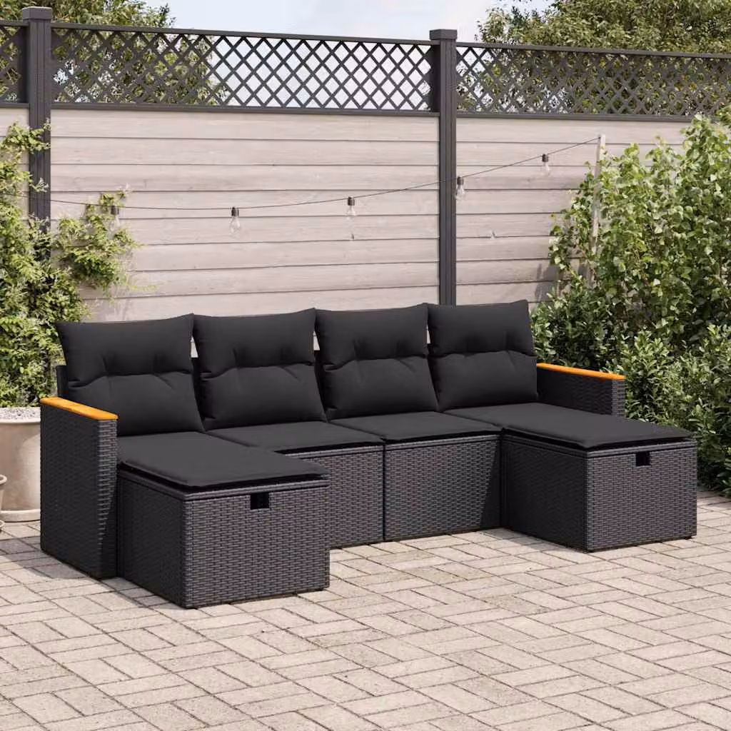 Set Divano da Giardino a L vidaXL in Polyrattan Nero con 6 Cuscini Imbottiti e Coperture Rimovibili