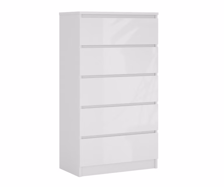 Cassettiera con 5 cassetti, bianco opaco/bianco lucido, 125 x 70 x 39 cm