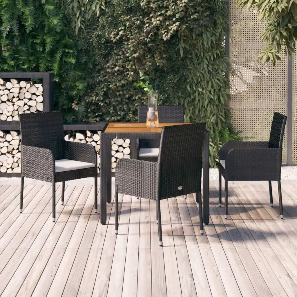 Set da pranzo da giardino vidaXL in legno di acacia oliato e polyrattan nero e bianco, 5 pezzi