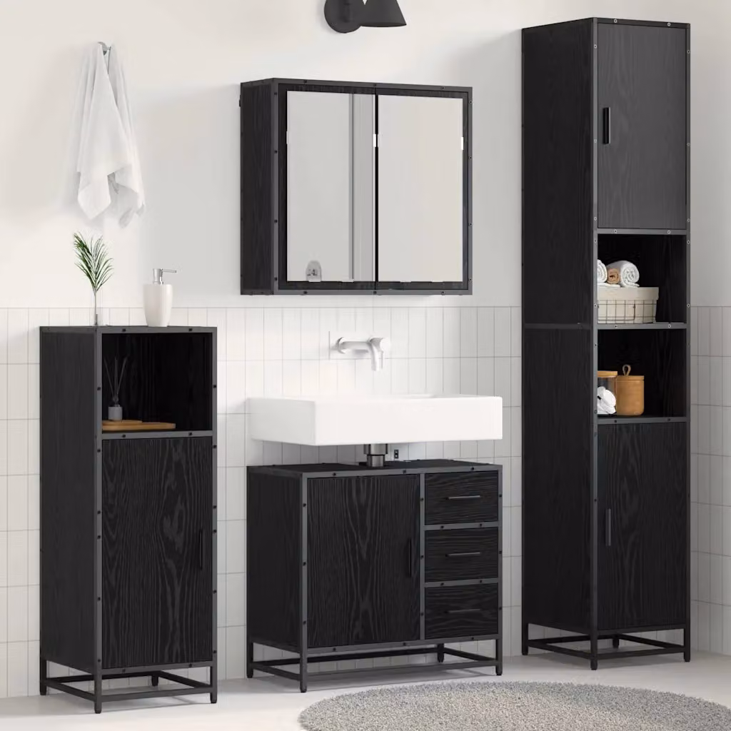 Set di mobili per il bagno vidaXL 3 pezzi in rovere e nero con mobileto specchiato e base lavabo – 1