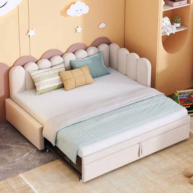 Letto divano estraibile 90 × 200 cm, ampliabile a 180 × 200 cm, con schienale, senza materasso, beige