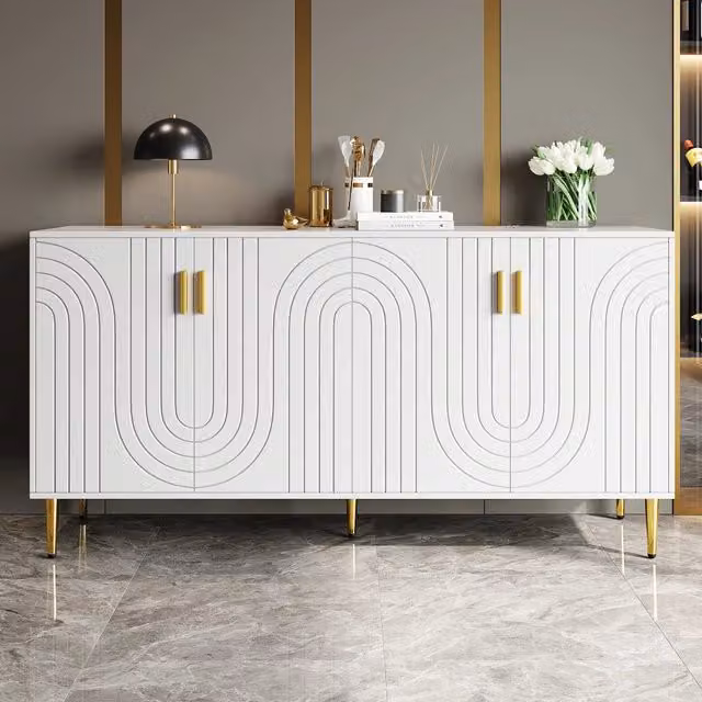 Sideboard bianco 152x40x75 cm con design ondulato, maniglie e piedi dorati per zona pranzo elegante