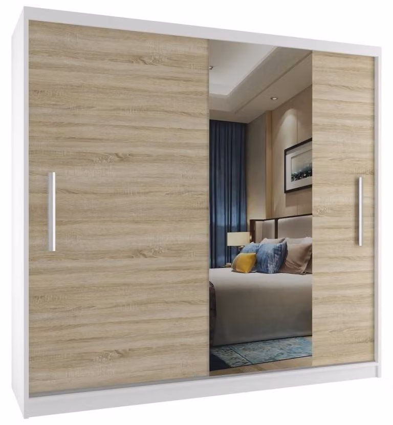 Armadio scorrevole BELINI Verona, 200 cm, bianco/effetto legno sonoma opaco - Armadio con specchio e asta appendiabiti, ideale per la camera da letto