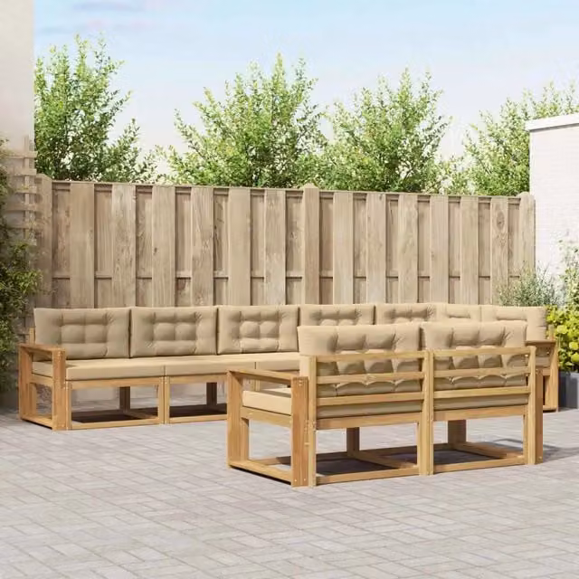 Set di divani da esterno a L vidaXL in legno di acacia con cuscini, Bianco e Beige – 1
