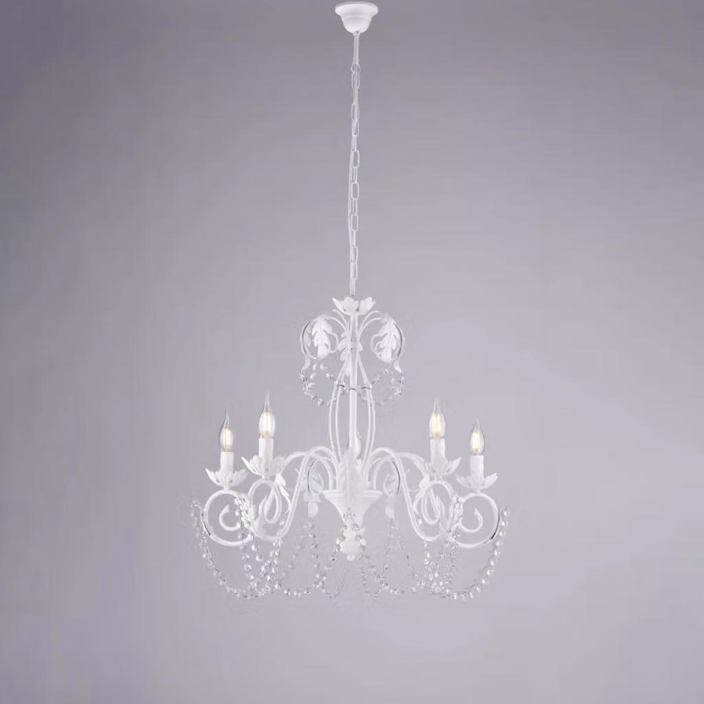 Lampadario Sospeso Shabby Chic Belight in Ferro Battuto Bianco con 5 Luci e Cristalli – 2