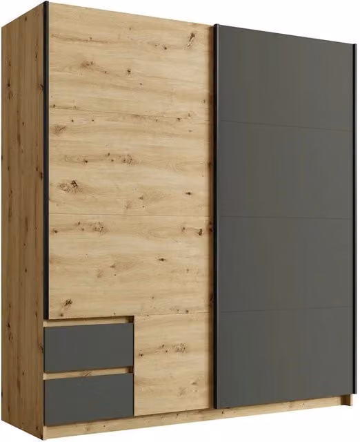 Armadio 180cm con 2 porte scorrevoli e 2 cassetti color quercia e grigio antracite. Collezione ARIELLE
