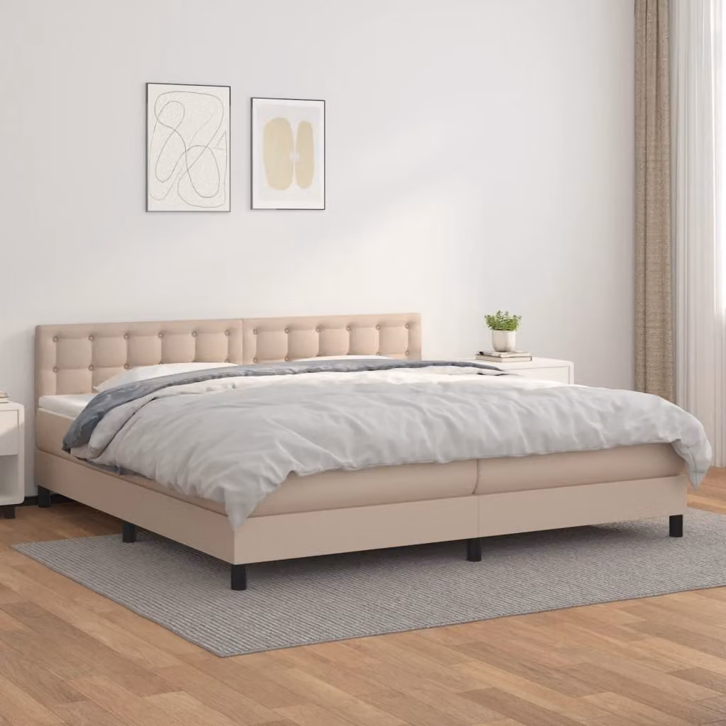 Letto con boxspring e materasso, colore cappuccino, dimensioni 200x200 cm, rivestito in ecopelle
