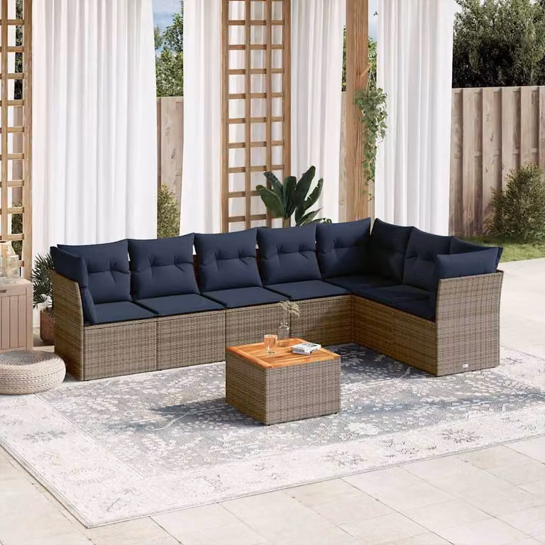 vidaXL Set Divani da Giardino 8 pz a Forma a L in Polyrattan con Cuscini Grigio e Blu e Tavolino da Esterno