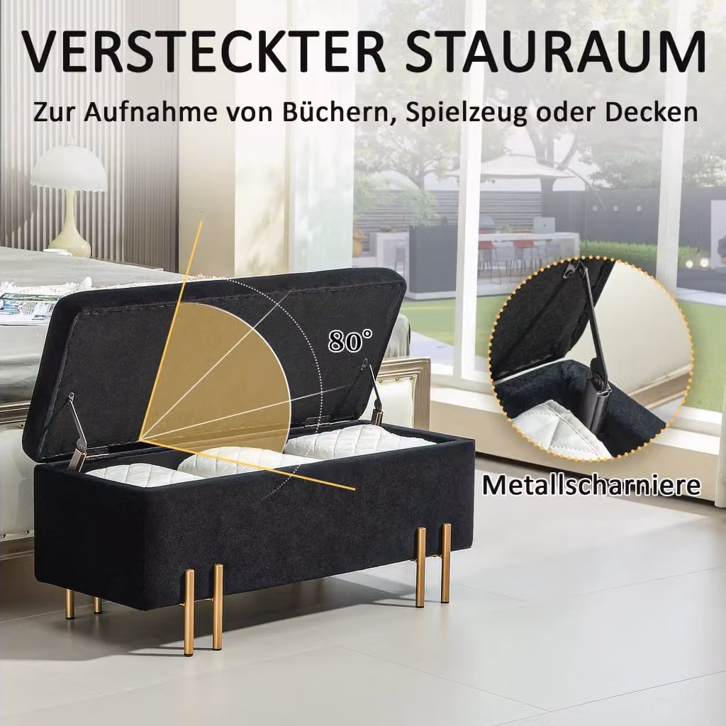 Panca contenitore OKWISH moderna in legno e metallo con seduta in tessuto nero opaco, L: 42 cm, P: 40 cm, H: 42 cm – 2