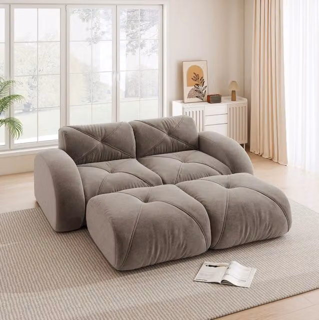 Divano modulare senza struttura interna in ciniglia taupe; sedute fino a 200 kg