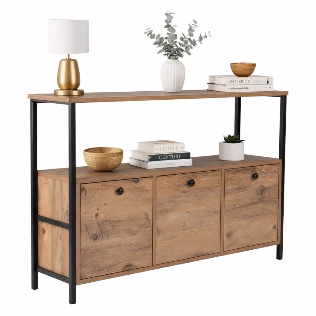 Consolle Nesta DMORA, Tavolo multiuso e scrivania da corridoio in legno di pino e metallo, L 120 x P 35 x H 75 cm, Nero e Marrone – 2