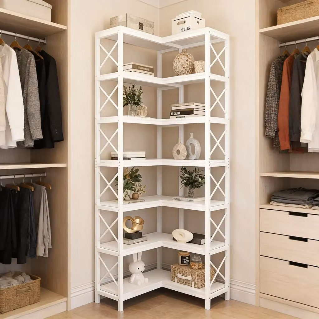 Scaffale angolare industriale WISHDOR a 7 livelli in metallo e legno, bianco, L/P/H: 117 x 30 x 29 cm – 2
