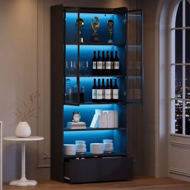 Vetrina 80x34x180 cm con LED e 1 cassetto in MDF e vetro nero
