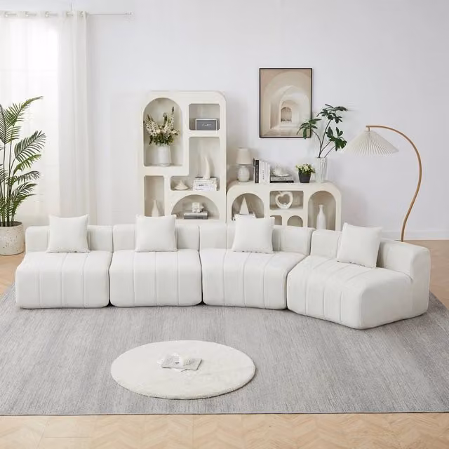 Divano modulare 4 posti dal design curvo in ciniglia beige