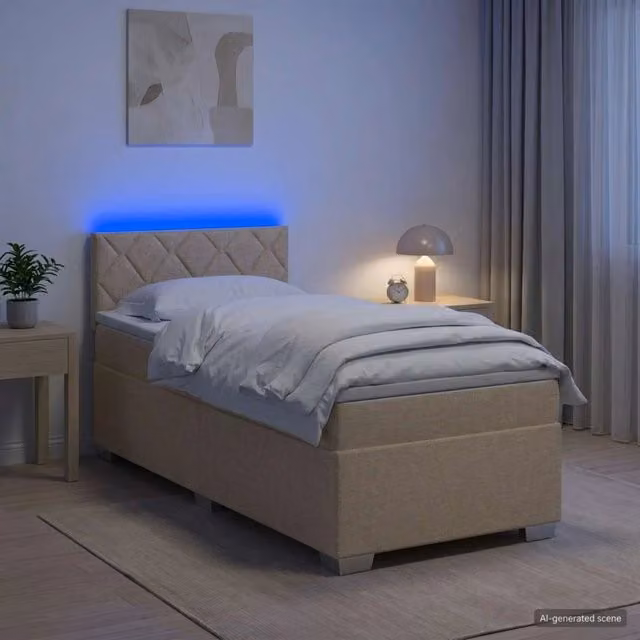 Letto con Box Spring, Materasso e LED Crema 90 x 200 cm Tessuto 3451866