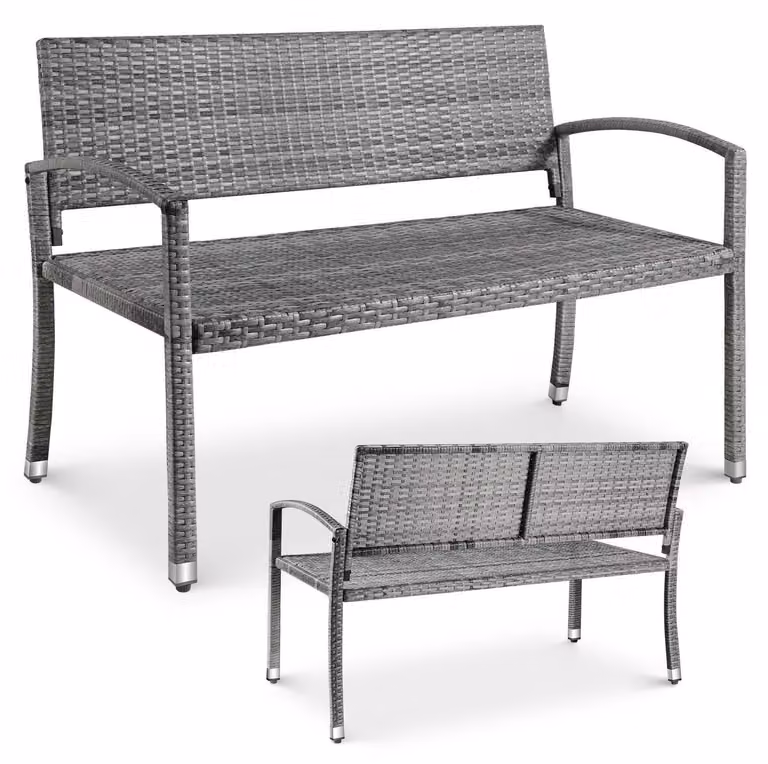 Panca da giardino in rattan sintetico, resistente alle intemperie, ideale per balcone, colore grigio, dimensioni 122x60x85 cm