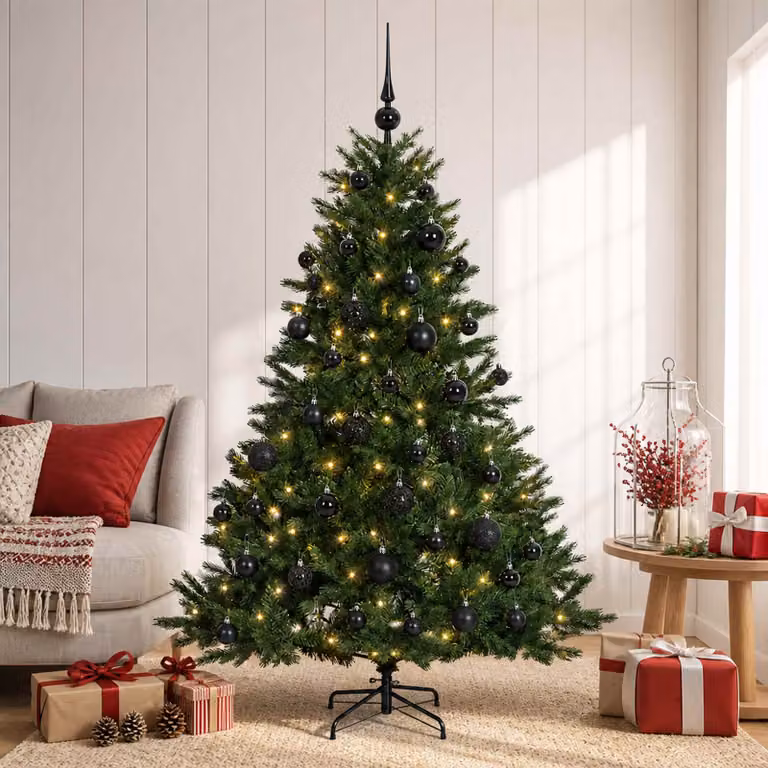 Albero di Natale artificiale verde vidaXL con 150 LED luce bianca calda e decorazioni con palline in PVC e metallo