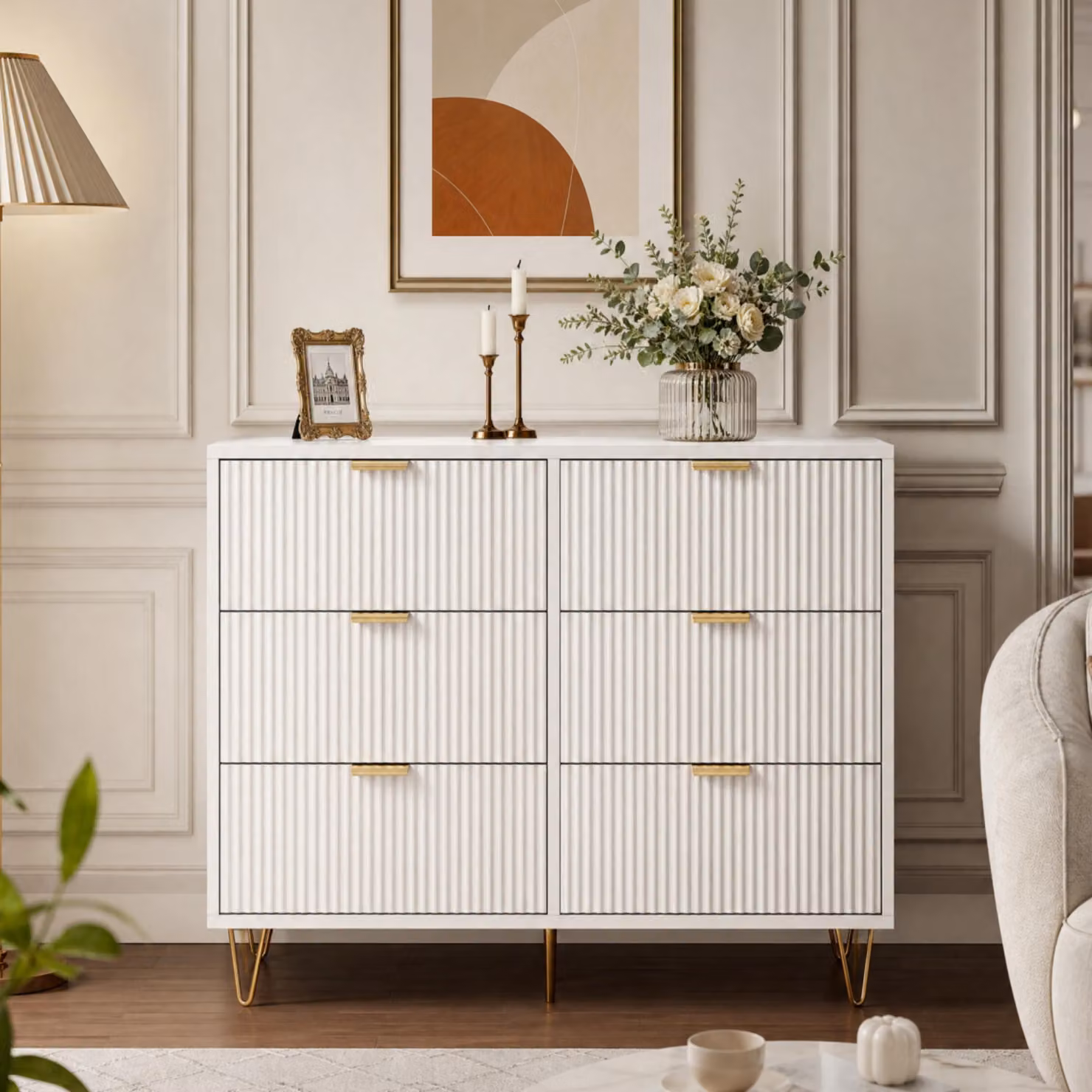 Comodino INONEFT con 6 cassetti in legno massello, design moderno, mobile contenitore con maniglie dorate, ideale per ingresso, soggiorno, dimensioni 100x34x73 cm, colore bianco
