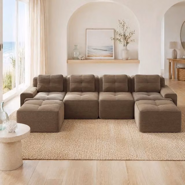 Divano modulare U 382x177x69 cm in tessuto marrone, con chaise longue, per piccoli spazi –