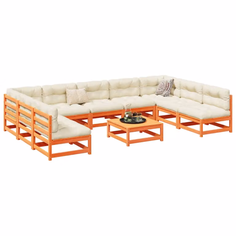 Set di divani da giardino vidaXL in legno massello di pino con cuscini marrone e beige a forma di U