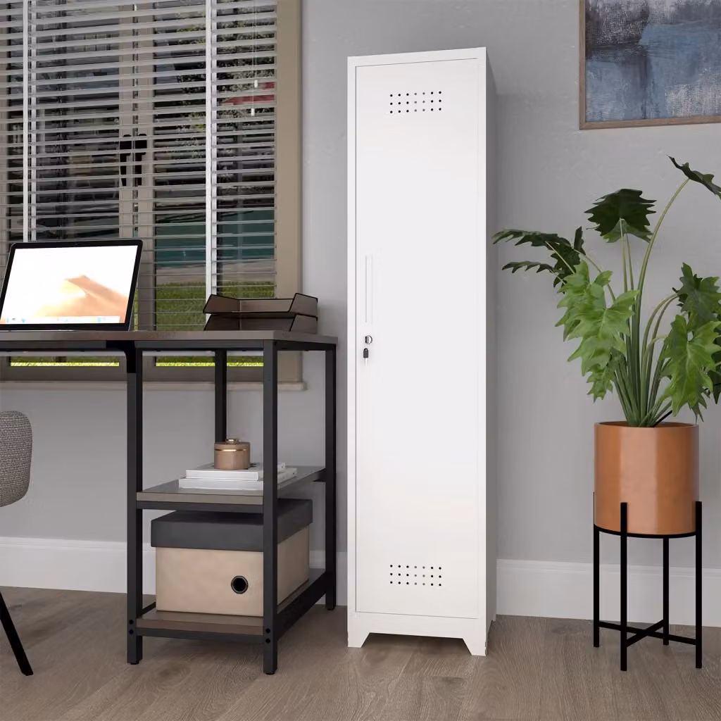 Armadio portaspazzoloni OKWISH in metallo bianco con asta regolabile e 4 scomparti per lavanderia e ufficio – 2