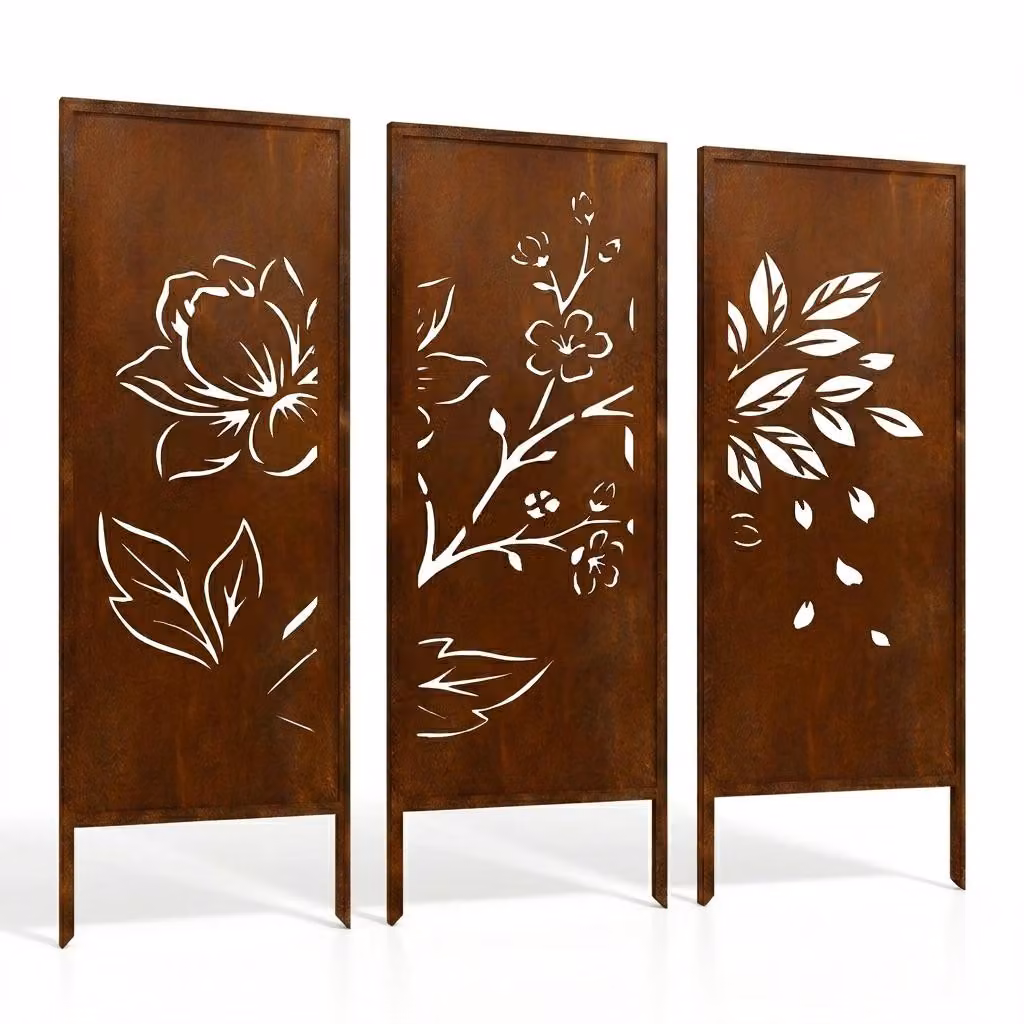 Set di 3 pannelli divisori da giardino in acciaio a forma di fiori di loto, dimensioni 160x50 cm – Pannelli divisori in metallo tagliati al laser, stile Corten