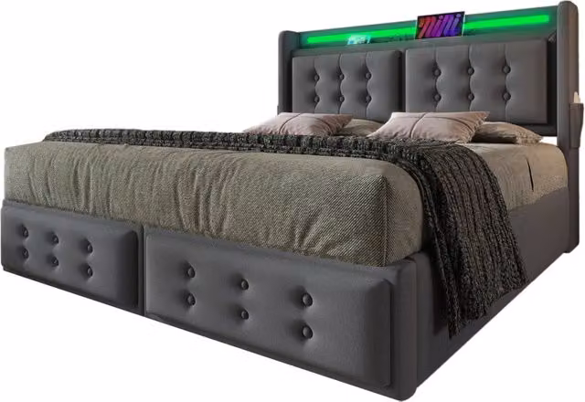 Letto Matrimoniale 180x200 Grigio con Contenitore Idraulico; LED; USB Type-C e 2 Prese