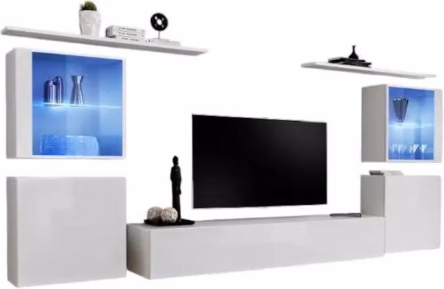 Set di mobili sospesi da salotto Meublorama collezione SWITCH XIV, colore bianco lucido, L/P/H: 320 x 40 x 150 cm