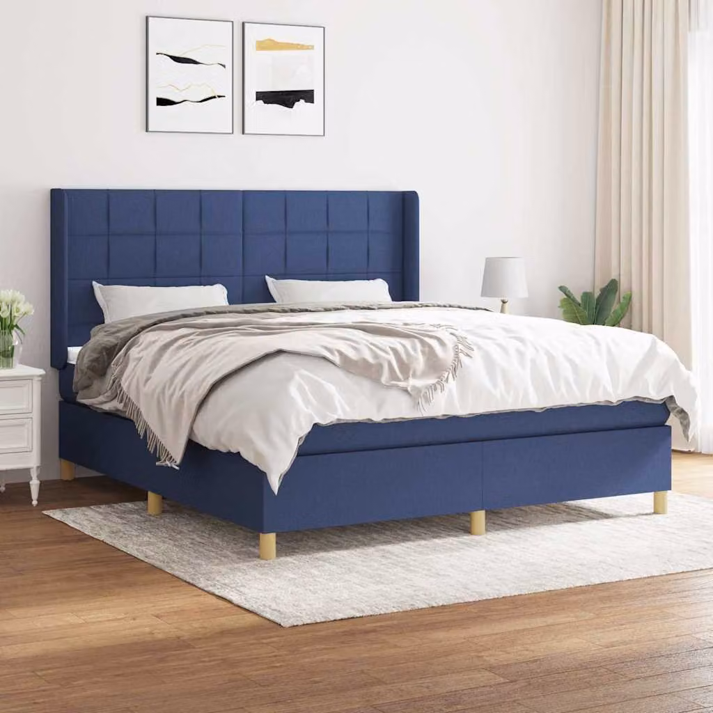 vidaXL Giroletto a Molle con Materasso Blu e Bianco in Tessuto L/P: 160 x 200 cm – 1