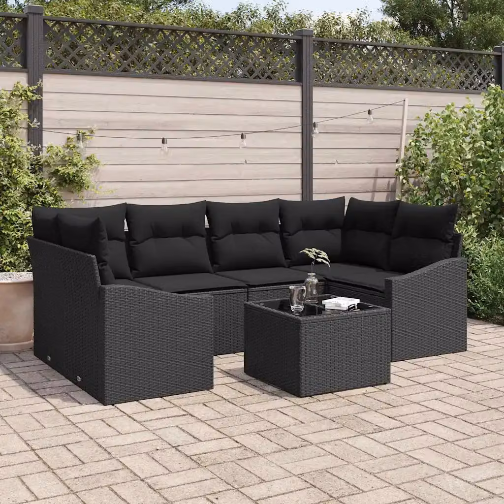 Set di divani da giardino vidaXL a forma di L composto da 7 pezzi con tavolino in vetro e cuscini neri in polyrattan e struttura in acciaio verniciato a polvere – 1