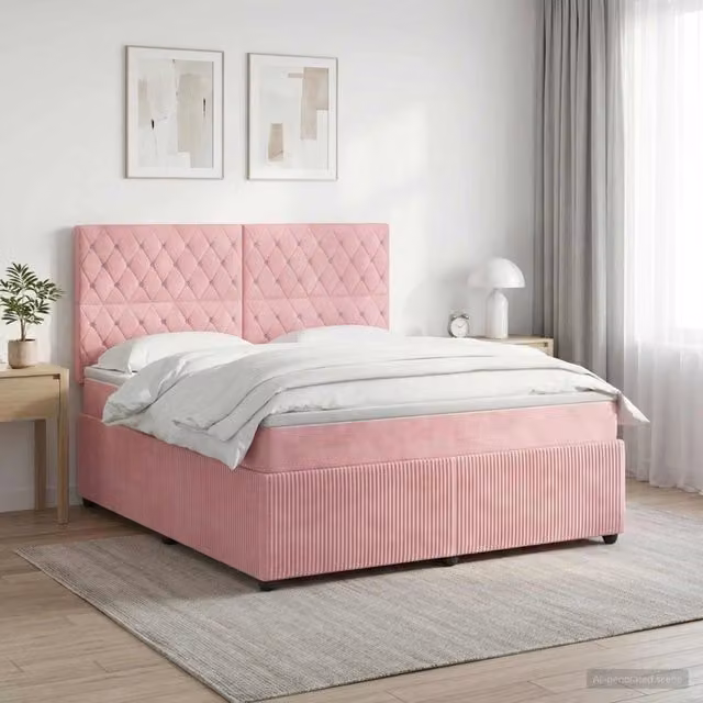 Letto box spring con materasso ibrido vidaXL in velluto rosa e bianco L/P: 140 x 200 cm