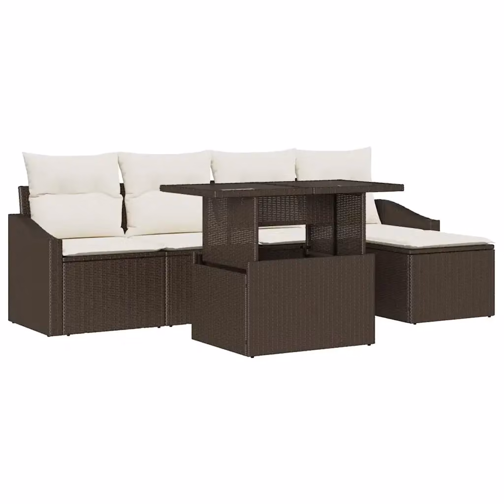 Set Divano da Giardino vidaXL 6 Pezzi a Forma di L con Tavolino e Ottoman, Marrone e Beige, Struttura in Metallo e Polyrattan con Cuscini Inclusi – 2