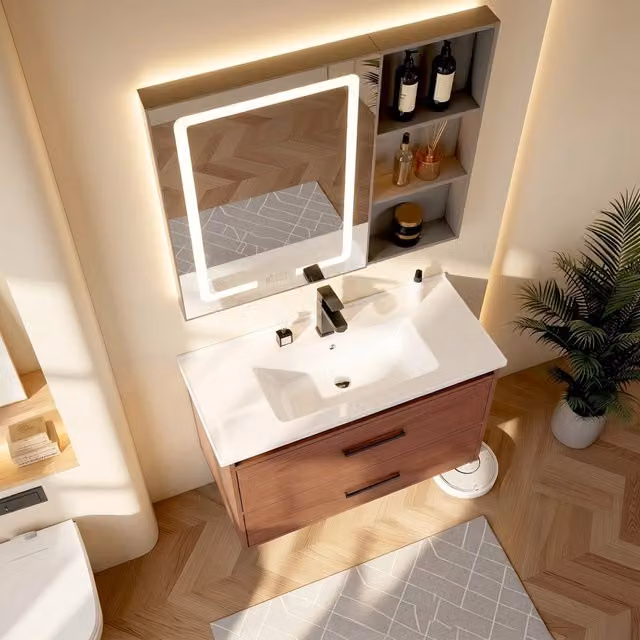 Mobile da bagno in MDF effetto marrone rossiccio con due cassetti