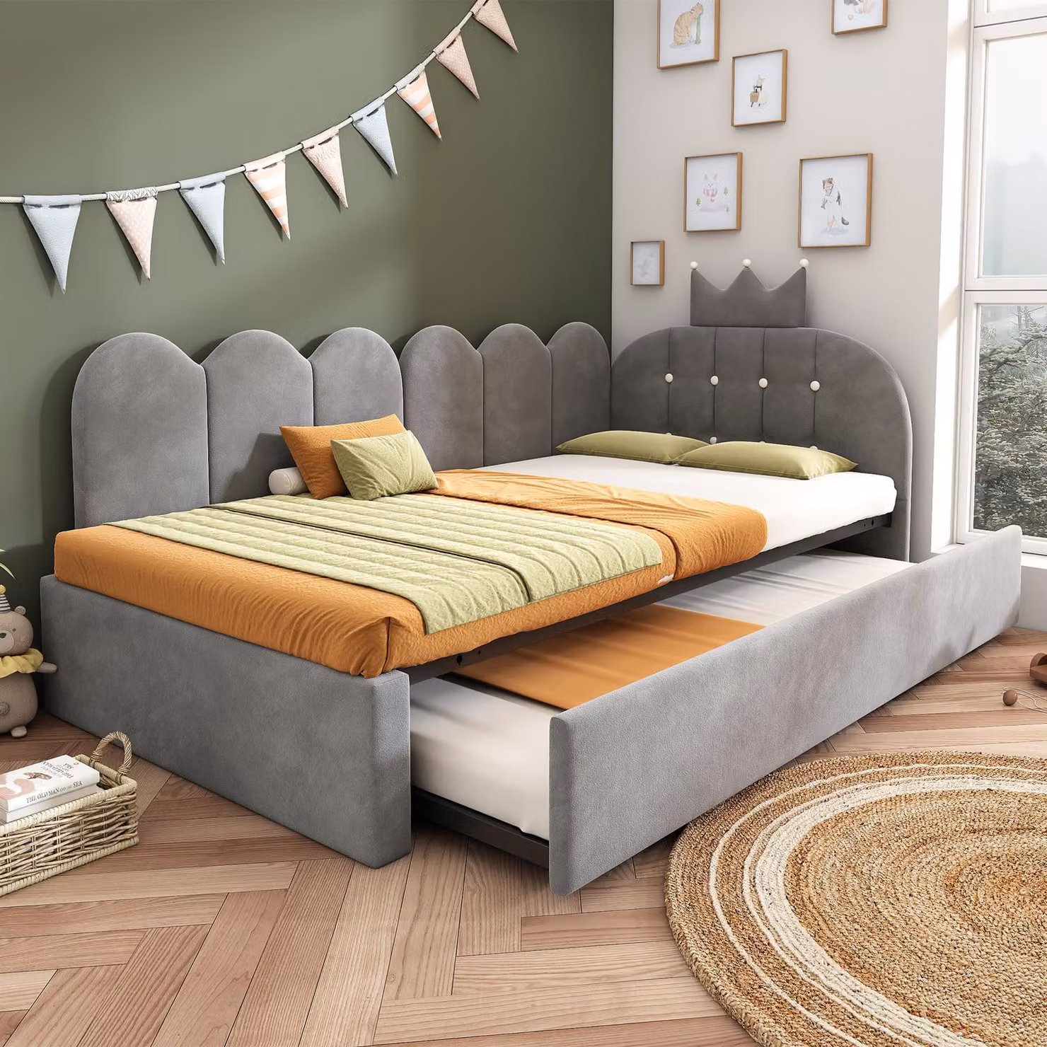 Divano letto imbottito MODFU 90x200 con design a griglia a ; lettino per bambini con letto estraibile; letto singolo; adatto alla cameretta dei bambini; con materasso; grigio