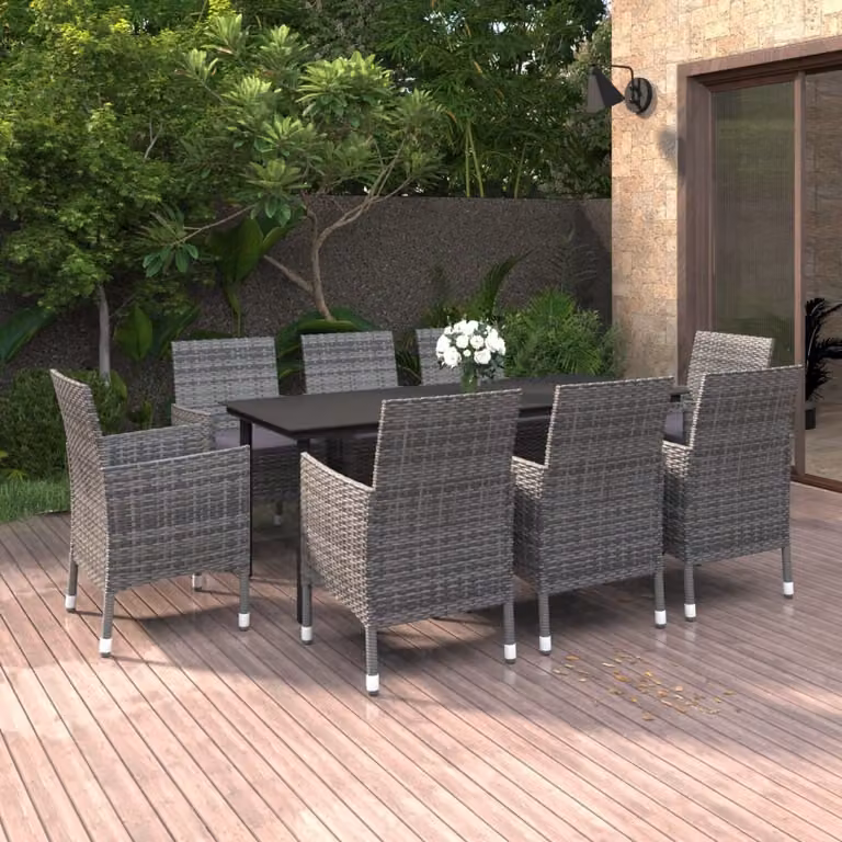 The Living Store Set da pranzo da giardino da 9 pezzi con cuscini in poly rattan e vetro
